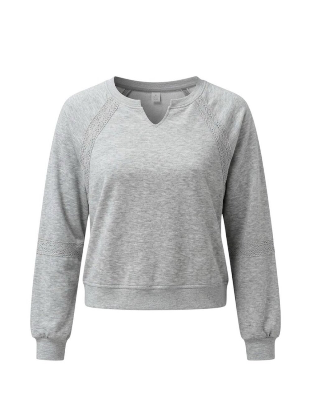 Womens Crochet Lace Trim Raglan Sweatshirt Split V Neck Heather Gray Size L